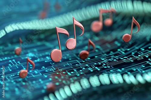 Digital music notes over circuitry representing sound and technology integration