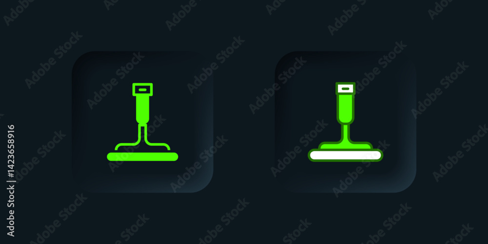 Green Cleaning service with of rubber cleaner for windows icon isolated on black background. Squeegee, scraper, wiper. Black square button. Vector Green Cleaning service with of rubber cleaner for windows icon isolated on black background. Squeegee, scraper, wiper. Black square button. Vector