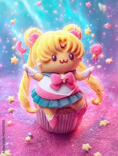 Kawaii magical cosmic background behind cupcake character. Magical food cupcake. Solo cupcake. Magical kawaii background. A cute star aura. Surreal. She is a a warrior cupcake.