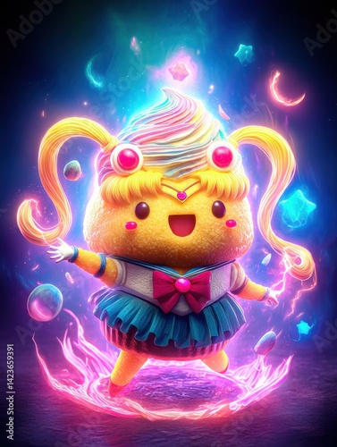 Kawaii magical cosmic background behind cupcake character. Magical food cupcake. Solo cupcake. Magical kawaii background. A cute star aura. Surreal. She is a a warrior cupcake.