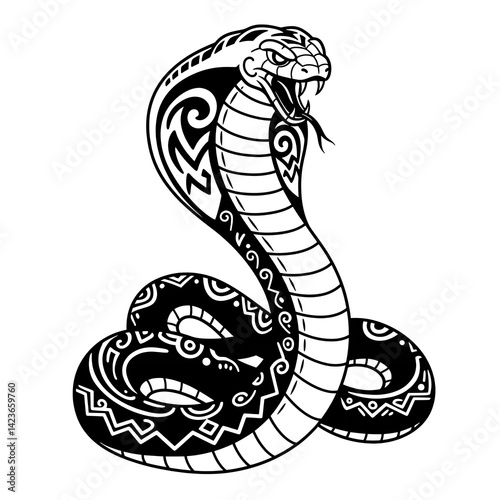 Tribal-Inspired Cobra, Black and White Vector Art