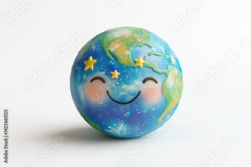 A smiling Earth globe with stars, playfully designed with continents and a happy face.