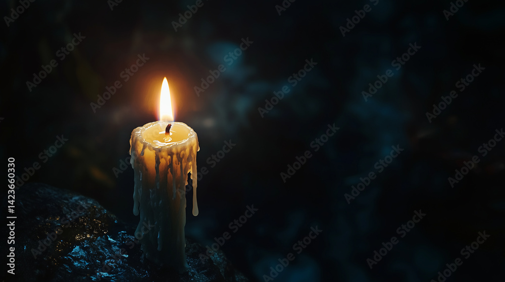 Fototapeta premium Close-up of a single candle flame flickering in the dark, wax dripping slowly down the side.