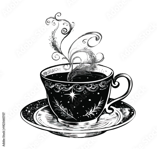 Elegant black and white illustration of a decorative tea cup with whimsical steam swirls, stars, and floral elements on a saucer
