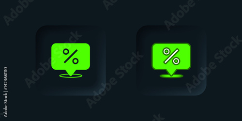 Green Discount percent tag icon isolated on black background. Shopping tag sign. Special offer sign. Discount coupons symbol. Black square button. Vector
