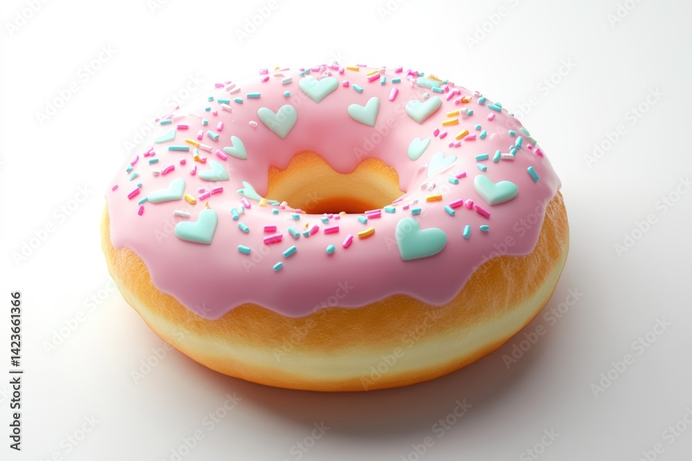 Pink donut with pastel heart sprinkles and colorful sugar, a sweet treat. Pink donut with pastel heart sprinkles and colorful sugar, a sweet treat.