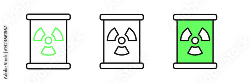 Set line Radioactive waste in barrel icon isolated on white background. Toxic refuse keg. Radioactive garbage emissions, environmental pollution. Vector