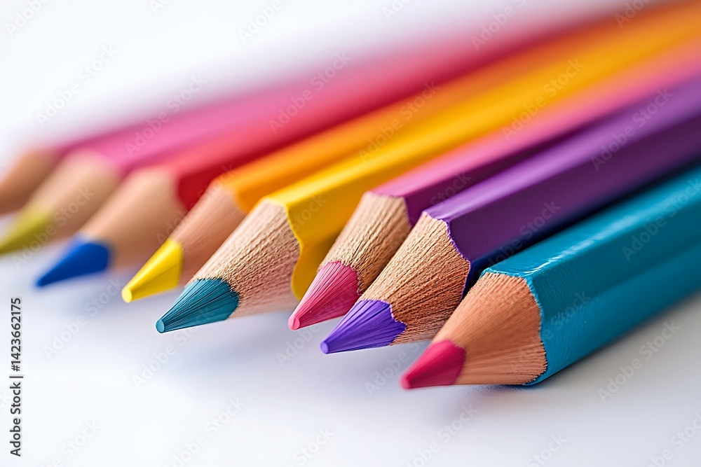 Colorful pencils on top of a blue notebook, close-up of stationery supplies for art and writing Colorful pencils on top of a blue notebook, close-up of stationery supplies for art and writing