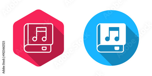 Filled and outline Audio book icon isolated with long shadow background. Musical note with book. Audio guide sign. Online learning concept. Vector