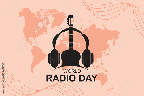 Flat design illustration for World Radio Day featuring a guitar, headphones, and world map. Ideal for celebrating international music and radio broadcasting.