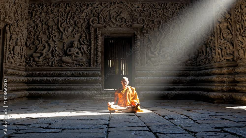 Buddhist Monk Meditating in Ancient Temple with Sunbeams in 4K A monk ...