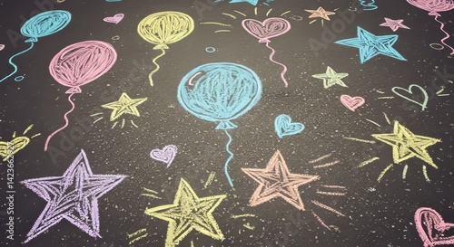 Joyful chalk sketches of stars and shapes on pavement