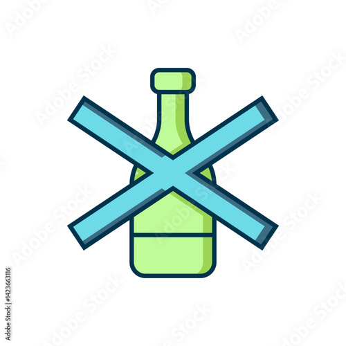 Filled outline No alcohol icon isolated on white background. Prohibiting alcohol beverages. Forbidden symbol with beer bottle glass. Flat filled outline style with shadow. Vector