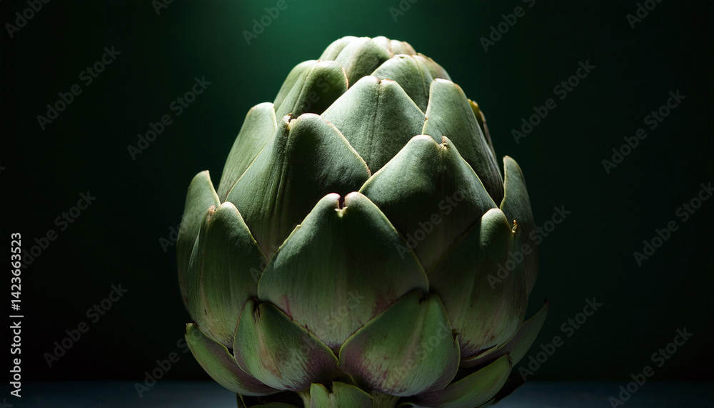 Obraz premium Whole Artichoke Under Green Light on Dark Background