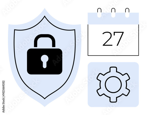 Shield with padlock icon, calendar showing day 27, gear symbolizing settings or account setup. Ideal for security, privacy, data protection, scheduling, management, digital tools simple landing page