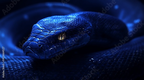 Blue Python Snake Coiled Close Up with Golden Eyes on Dark Background photo