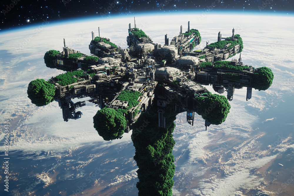 Floating tree city in space showcases futuristic architecture amid the cosmos Floating tree city in space showcases futuristic architecture amid the cosmos