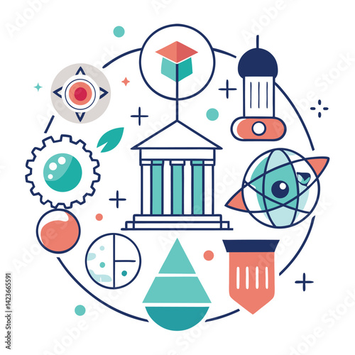 Minimalist educational logo design representing a science museum with symbols of discovery, innovation, and learning in a vibrant, engaging style