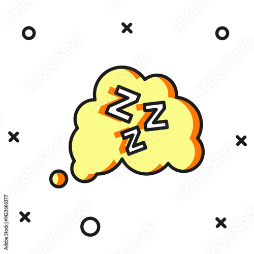 Filled outline Sleepy icon isolated on white background. Sleepy zzz talk bubble. Flat filled outline style with shadow. Vector