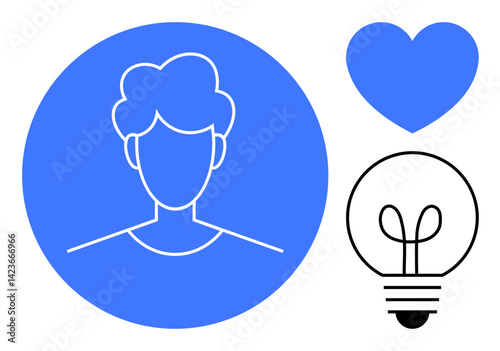 Outlined human face inside blue circle, heart, and lightbulb representing creativity, passion, innovation, and concepts. Ideal for self-expression, emotional intelligence, brainstorming design