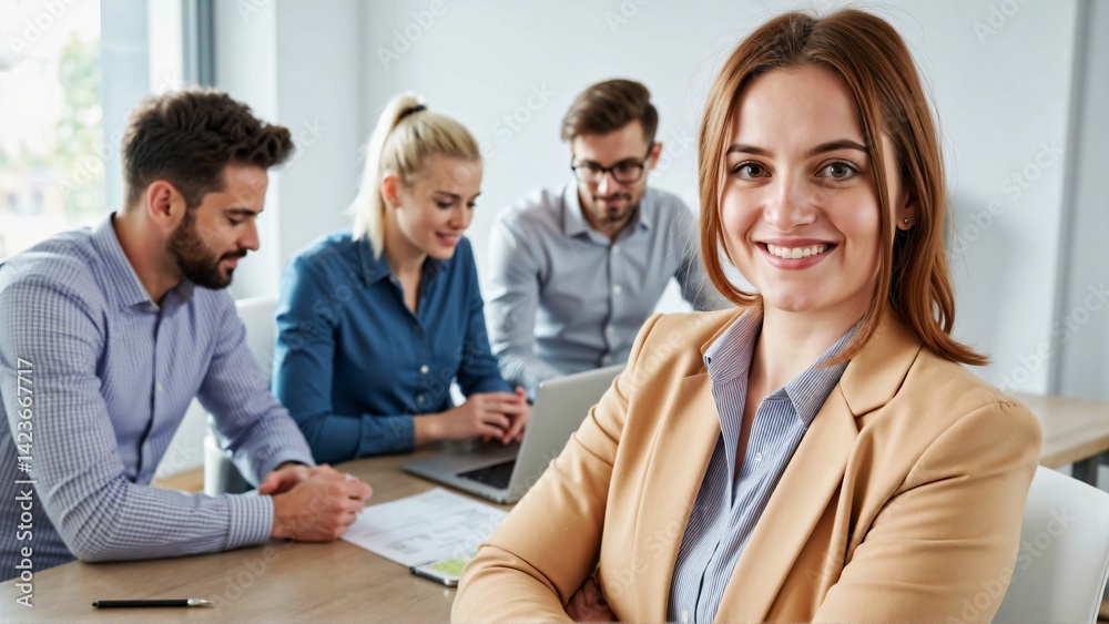 Team portrait full of ambition for success in a bright meeting room with a smiling young woman looking at the camera while a diverse young business team works collaboratively in the background Team portrait full of ambition for success in a bright meeting room with a smiling young woman looking at the camera while a diverse young business team works collaboratively in the background