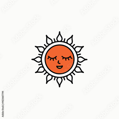 Sun character smiling with closed eyes minimalist head logo, Icon, element. Vector illustration