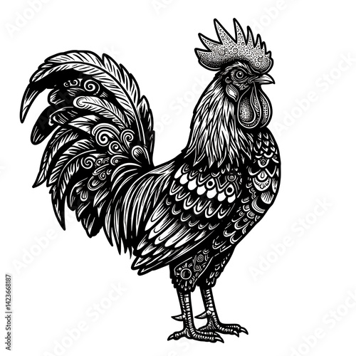 Ornate Rooster Design in Bold Black and White