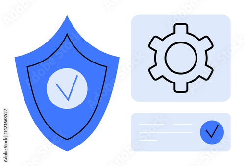 Shield with checkmark, gear icon, and verification badge, symbolizing security, settings, and authentication. Ideal for cybersecurity, technology protection, system management privacy app design
