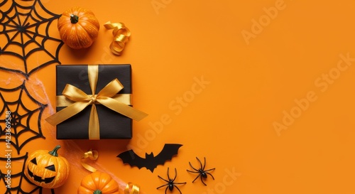 Vibrant orange background adorned with a stylish black gift box tied with a golden ribbon