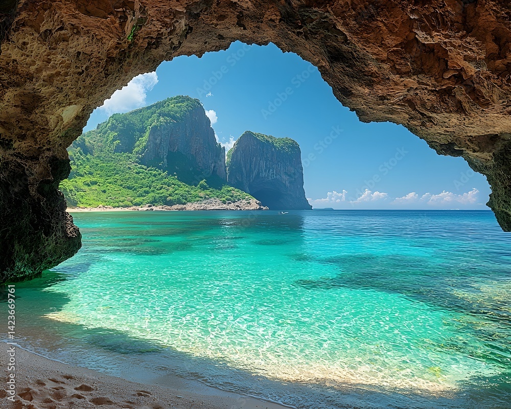Fototapeta premium Tropical island beach framed by natural rock arches