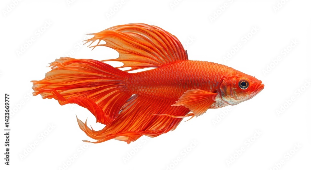 Fototapeta premium Vibrant red fish with flowing fins is showcased against a white white background
