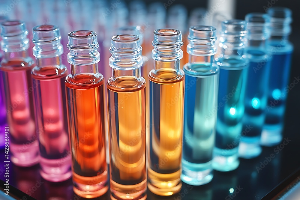 Row of colorful glass vials with liquid in various shades for laboratory or scientific research Row of colorful glass vials with liquid in various shades for laboratory or scientific research