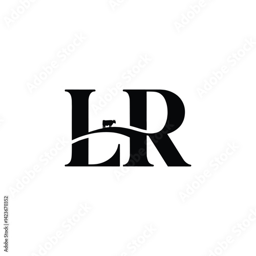 LR Ranch Logo Design with Cow Silhouette and Hill, Minimalist Farm Branding, Modern Agriculture Monogram, Livestock Business Identity, Rural Cattle Ranch Emblem, Black and White