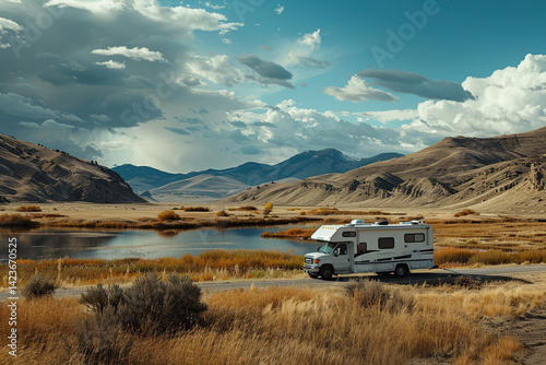 Holiday trip on large family motorhome for holiday in beautiful natural nature, abstract vivid composition consists of fictional unreal fantastic vision on background