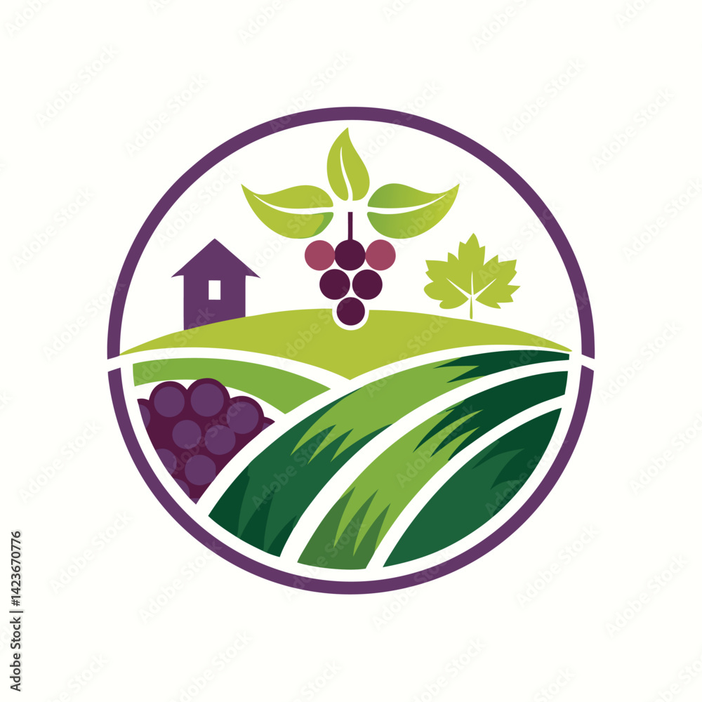 Fototapeta premium Cultivated minimalist vineyard logo featuring grapes and lush green hills with a house and trees in a modern design suitable for branding