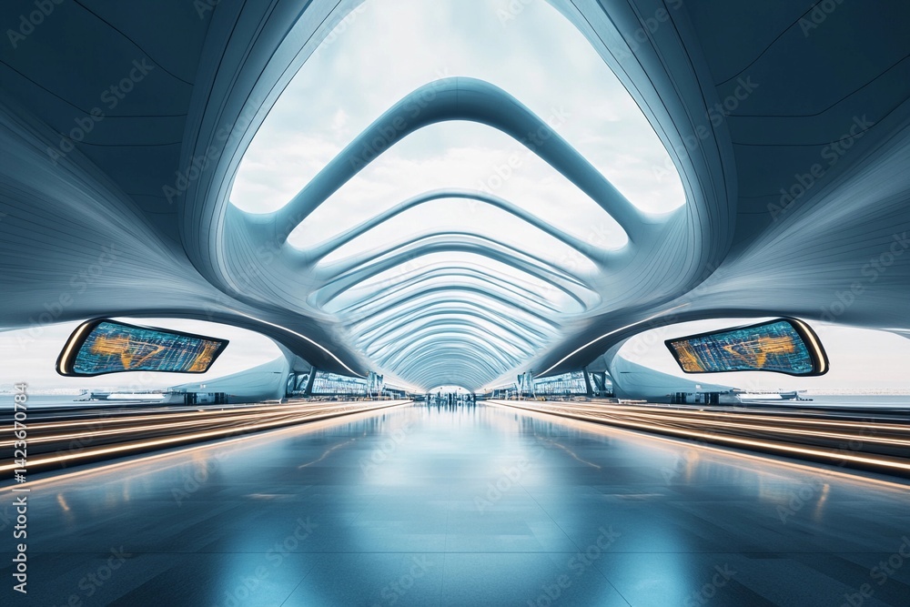 Fototapeta premium Futuristic airport terminal featuring flowing symmetrical lines and a sleek design with bright illumination