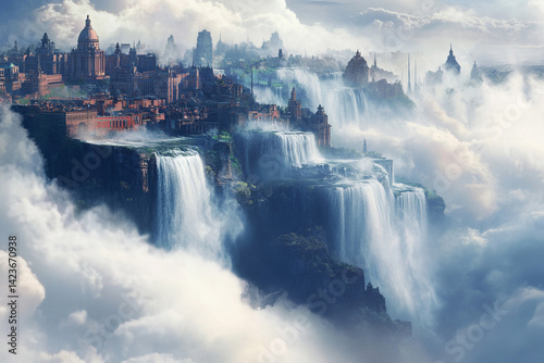 City of clouds with majestic waterfalls cascading into the abyss under a serene sky at twilight