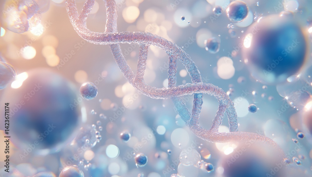 DNA Double Helix Surrounded by Cells with Blue Background and Bokeh Effect for Scientific Illustration
