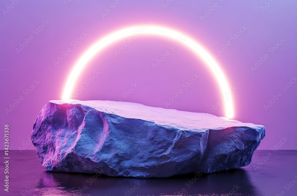 Illuminated Stone Podium for Product Presentation with Neon Arch in a Modern Background