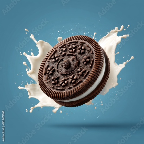 Obraz na płótnie Realistic Illustration of a Cookie with Milk Splash Against a Blue Background w salonie