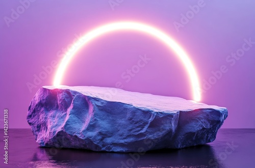Obraz na płótnie Illuminated Stone Podium for Product Presentation with Neon Arch in a Modern Background w salonie