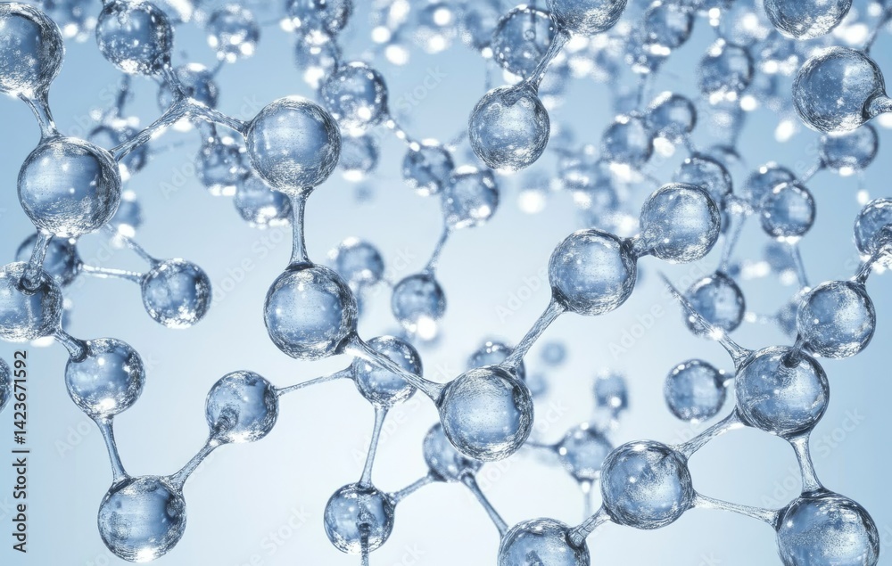 Microscopic Perspective of Water Molecules in Clear Blue Background with Enhanced Detail