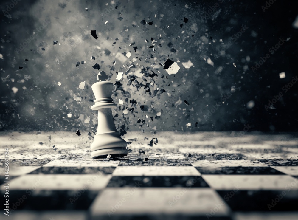 Shattering Chess Piece in Mid-Air Illustrating the Dynamic Nature of Strategic Competition