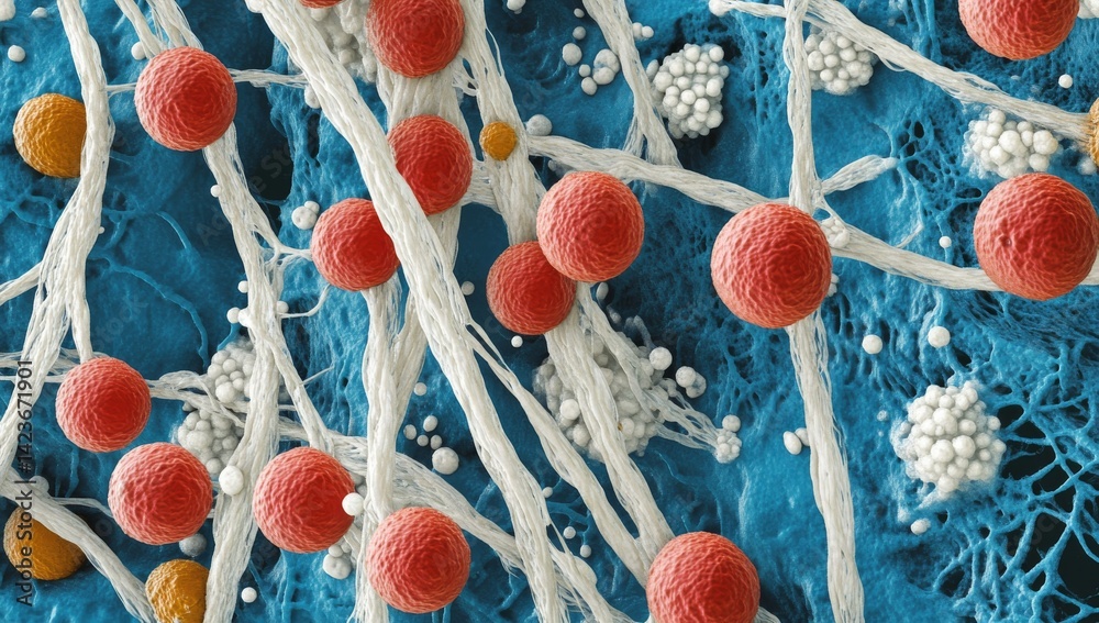 Close-Up of DNA Strands and Cells on a Vibrant Blue Background Highlighting Microscopic Details