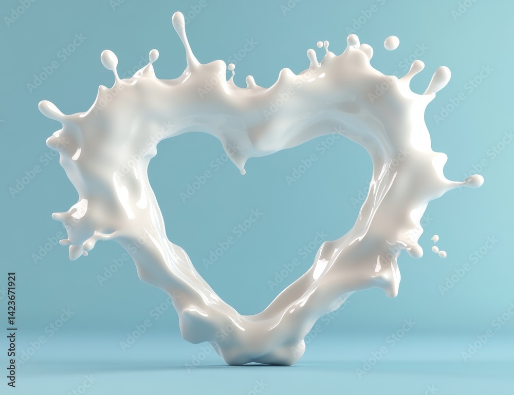 Heart-Shaped Milk Splash in 3D Rendering Over Light Blue Background