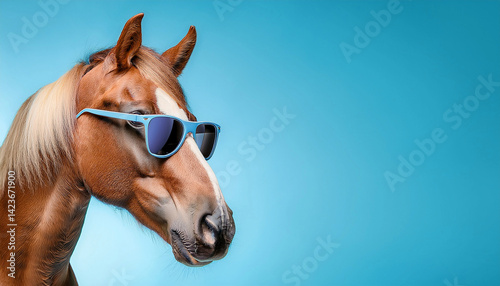 A beautiful horse with sunglasses in a light blue studio wallpaper background 
