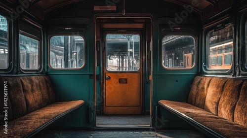 Interior view from inside a vintage train car looking out at the station platform through an open door