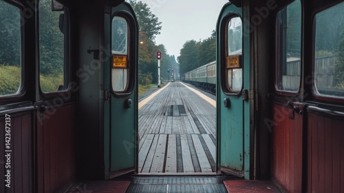 Interior view from inside a vintage train car looking out at the station platform through an open door