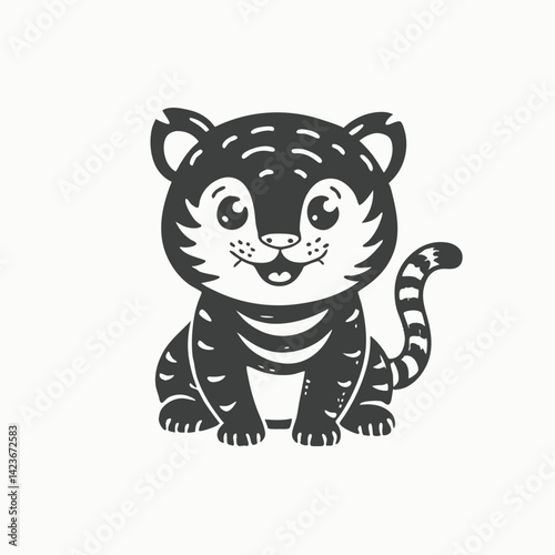 Cute little tiger. Colorful sticker with small wild animal waving its paw and greeting someone. Vector Hand Drawn Illustration Isolated On Transparent Background