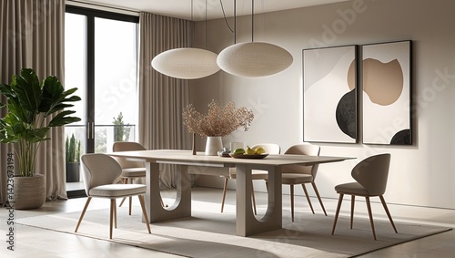 Neutral tones and clean lines define this minimalist dining table design